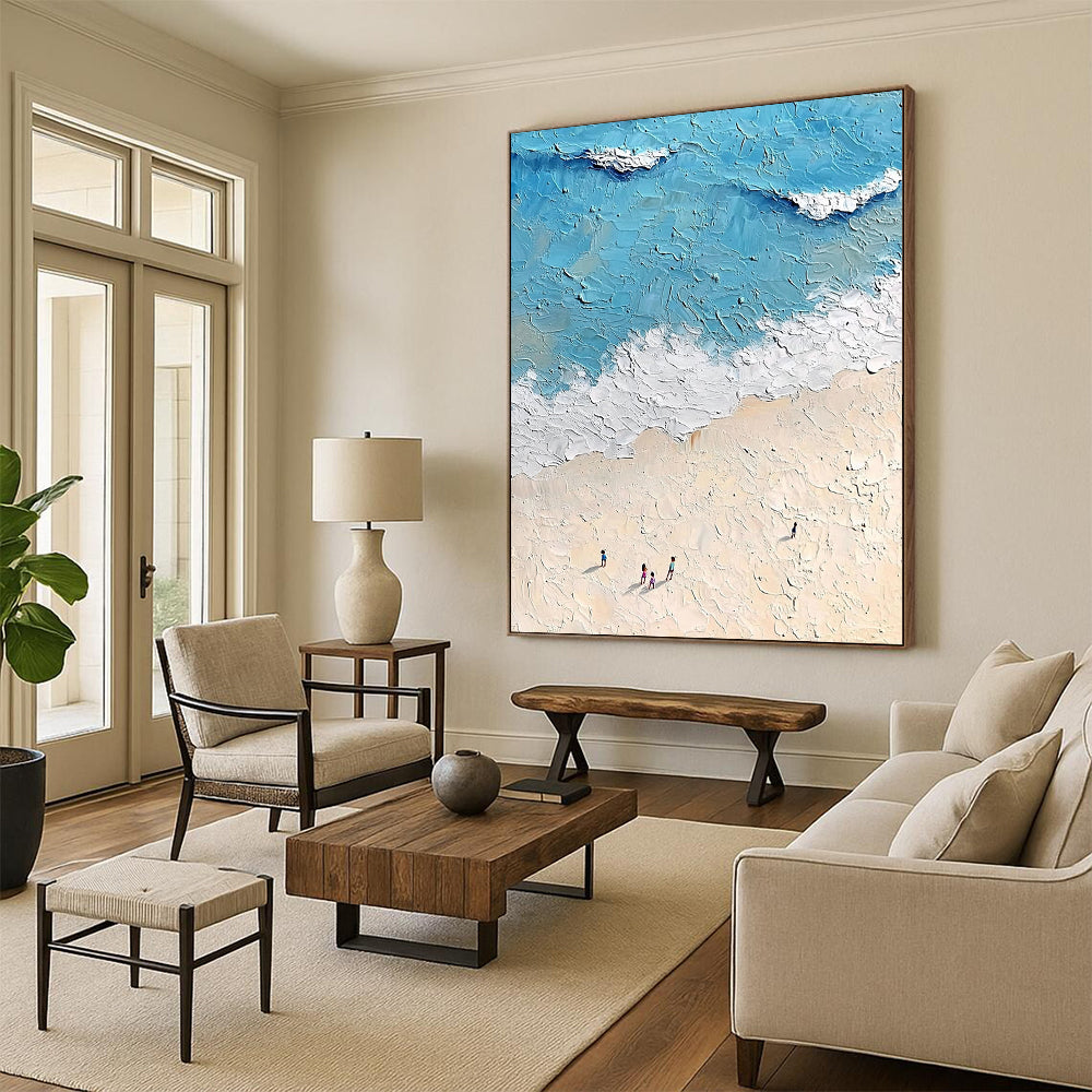 Contemporary hand-painted abstract artwork depicting a sunny beach scene with gentle waves and fine sand in soft tones and bright colors. DLZ1530