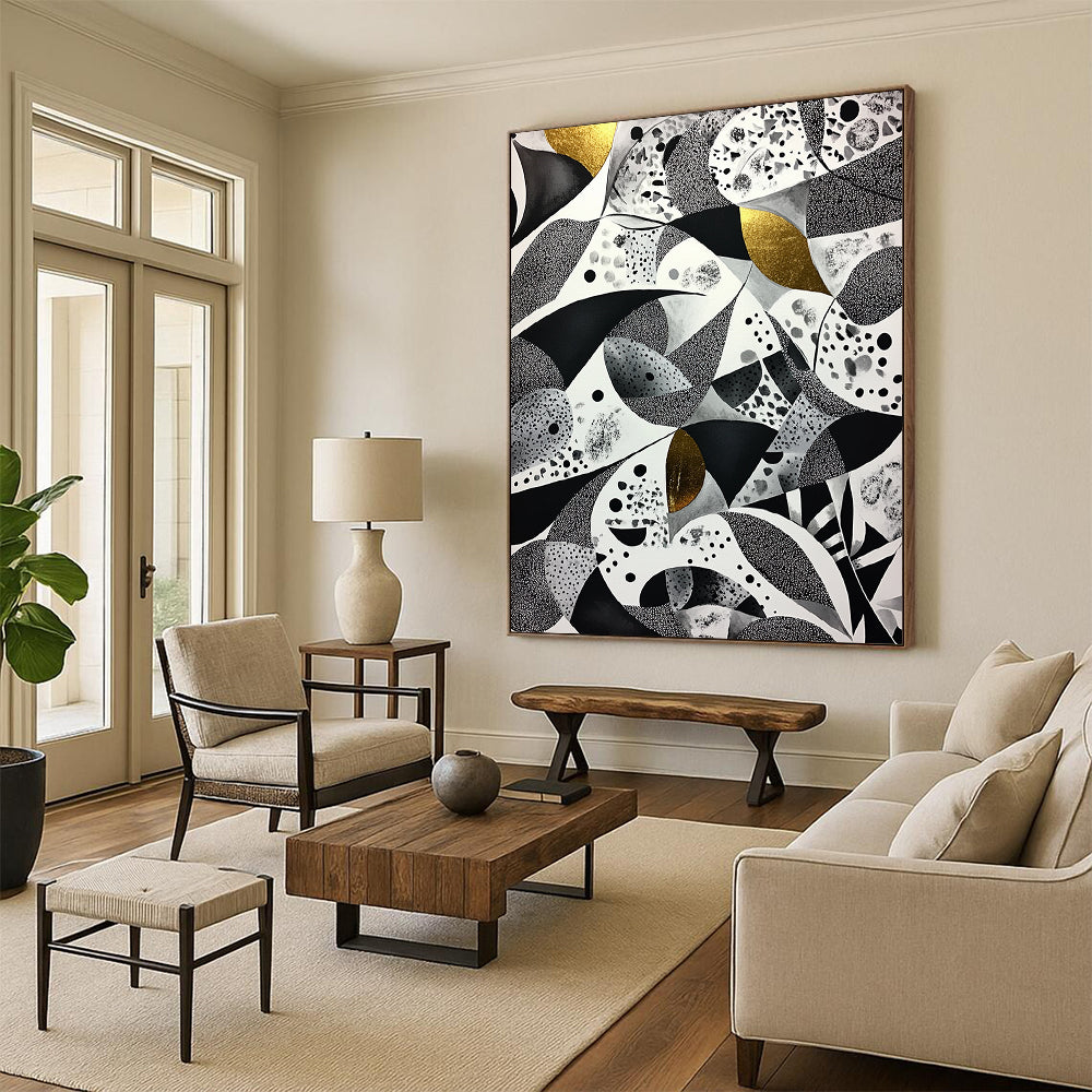 Black, White, Gray and Gold Abstract Patterns "Opulent Mosaic" Painting On Canvas HB332