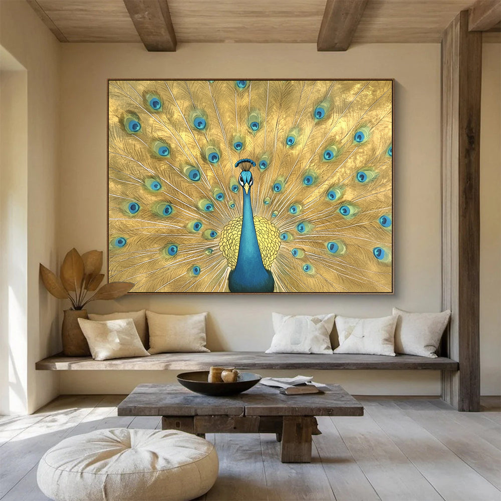 “Golden Peacock Display” - Gold, Blue, Green, Ornate Animal Painting On Canvas HB0687