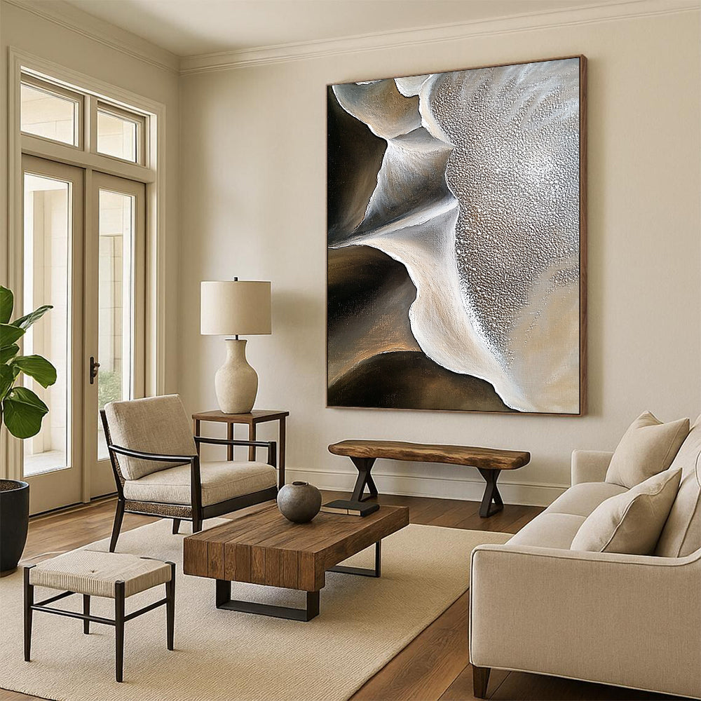 Large contemporary abstract artwork showcasing intricate sand dune patterns and contrasting rock formations with rich oil paint texture and minimalistic desert depth. DLZ1181