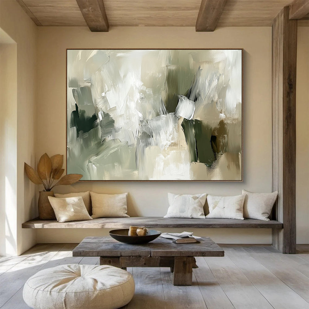 “Green and Beige Abstract Composition” - Green, beige, gray, white; Abstract composition with soft brushstrokes; Acrylic Painting On Canvas HB1265