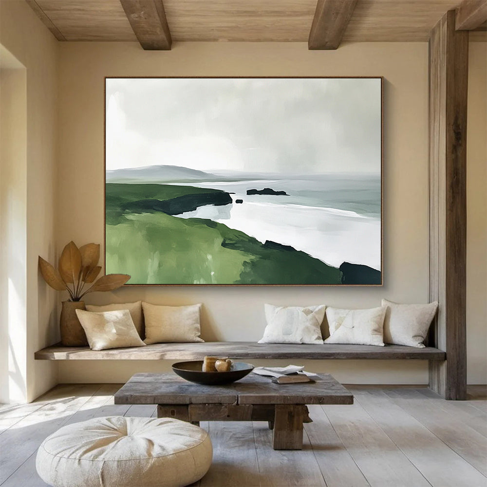 “Coastal Cliffs in Green & Gray” - Lush green, muted gray, white sea, Modern Landscape Painting On Canvas HB0611