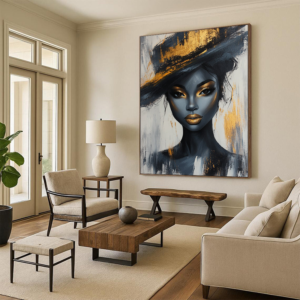 Contemporary abstract portrait of a Black woman with gold accents and elegant hat on white and grey background, crafted in acrylic on canvas. DLZ0784