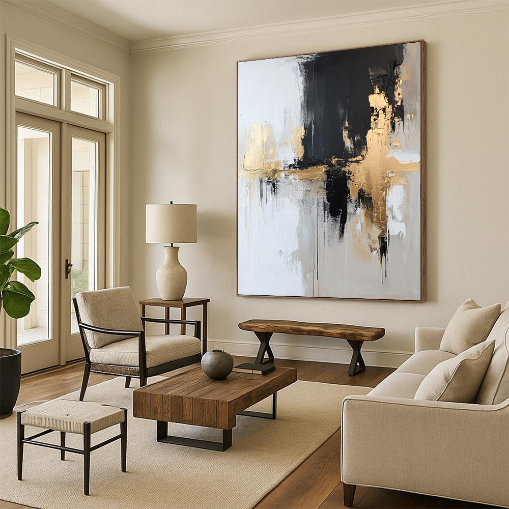 Contemporary hand-painted abstract artwork in neutral tones with gold accents, blending black and white elements for a striking visual impact. DLZ0518