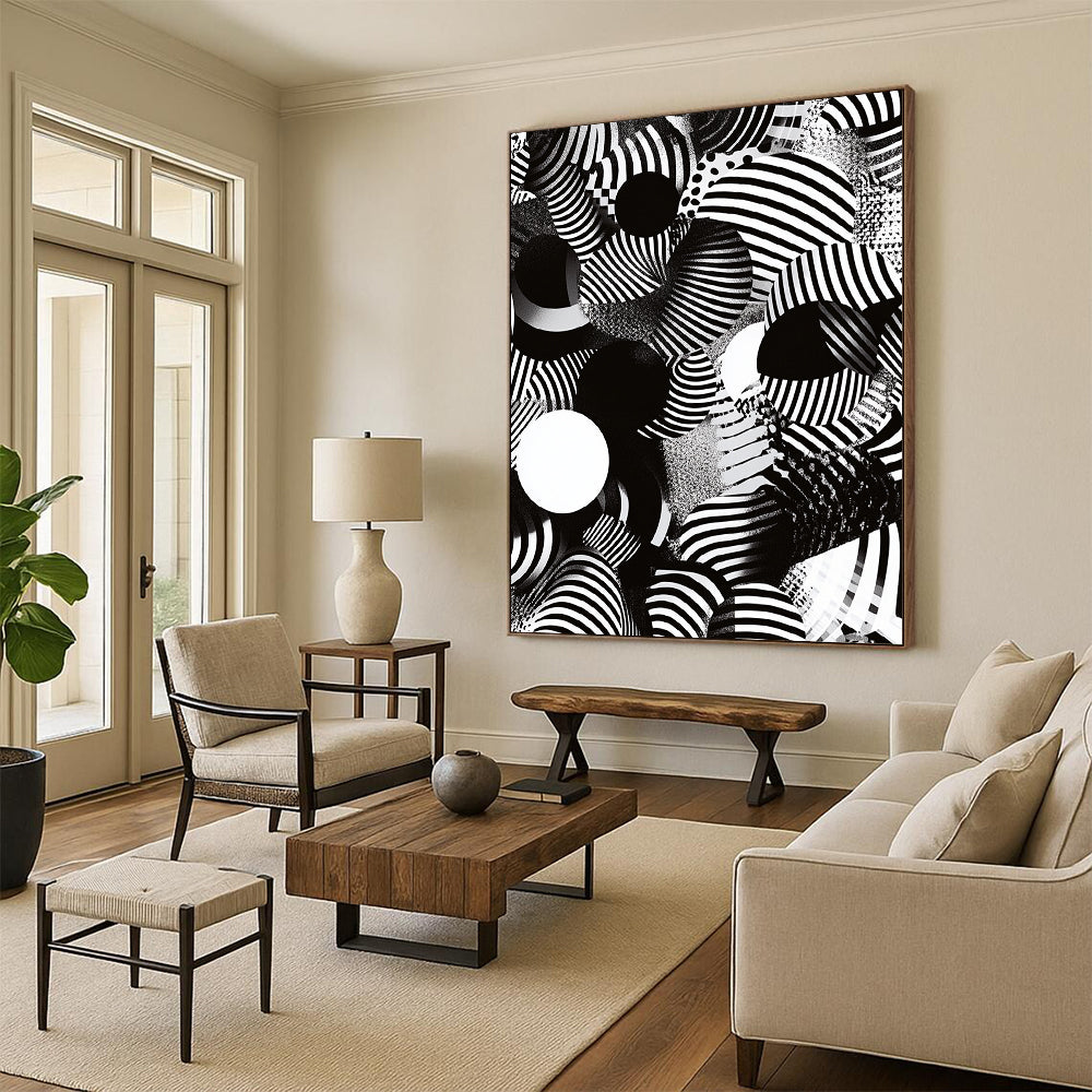 Black, White, Striped Spheres "Optical Illusion Spheres" Abstract Op - Art Painting On Canvas HB174