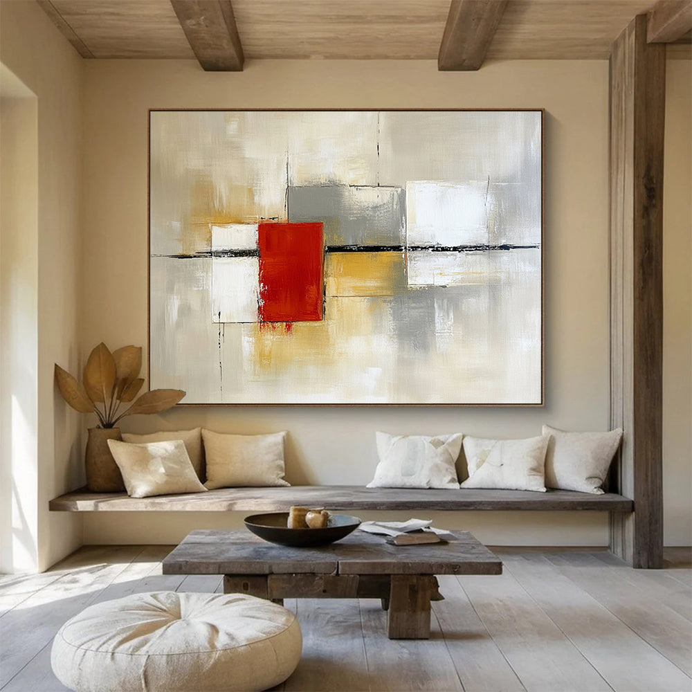 “Geometric Abstract in Neutral Tones” - Beige, gray, white, red; Geometric abstract with a central red square; Acrylic Painting On Canvas HB1257