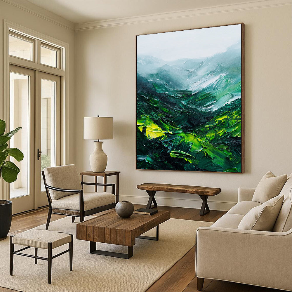 Contemporary abstract painting showcasing thick green mountains with rich brushstrokes and a misty atmosphere on white background. DLZ0623