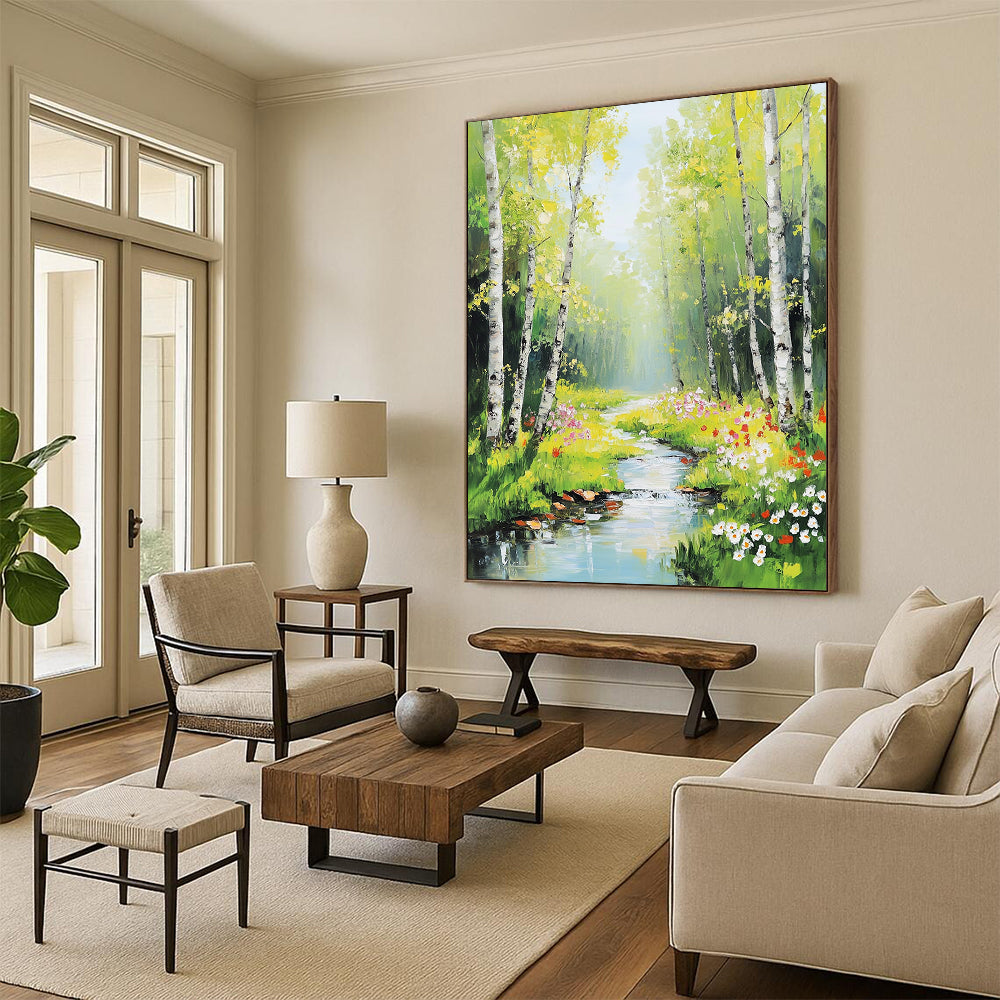 Vibrant contemporary hand-painted abstract artwork featuring birch trees and spring flowers illuminated by sunlight with a serene stream enhancing the natural beauty. DLZ1123