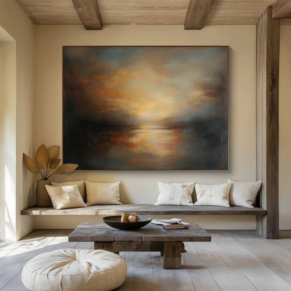“Rustic Lake at Dusk” - Browns, Oranges, Yellows, Greys, Lake Sunset - Abstract Oil Painting HB1574
