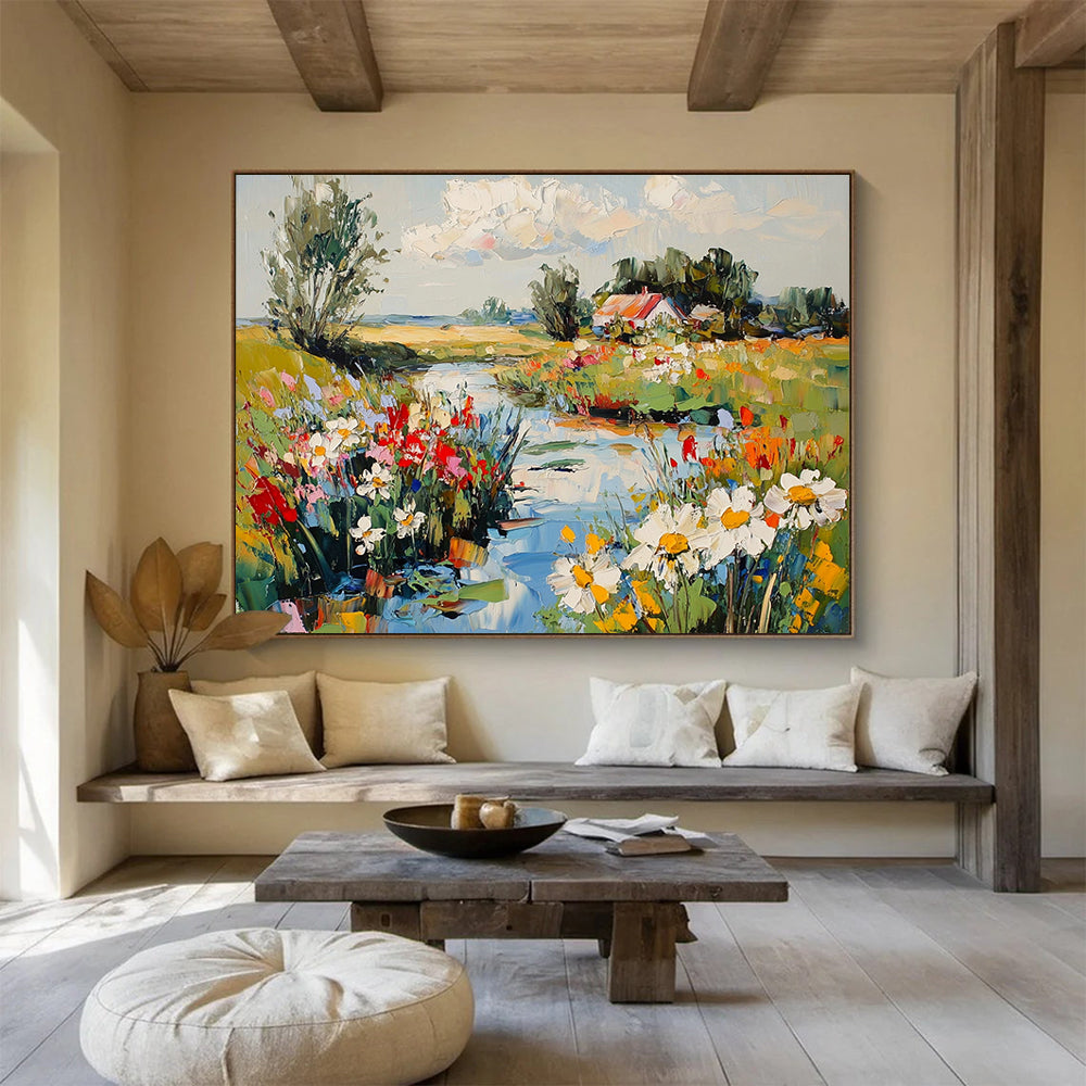 Charming Countryside Stream with Flowers - Idyllic Landscape Painting On Canvas HB0453