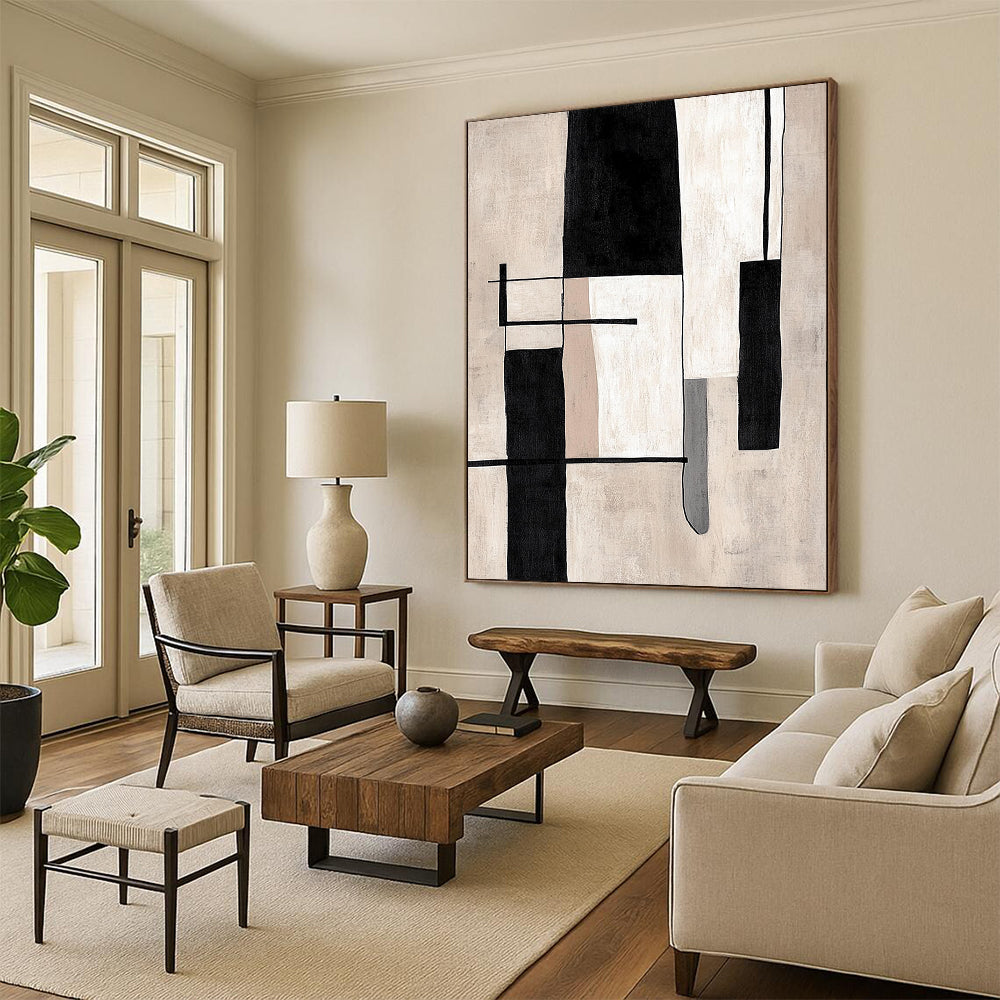 Contemporary hand-painted abstract artwork featuring minimalist black and white lines and simple shapes on a beige background. DLZ1394