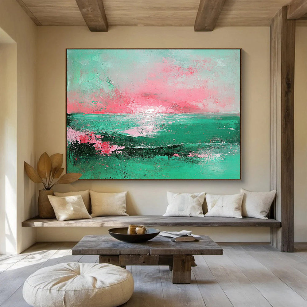 “Pastel Sea Sunset” - Mint, pink, sea scene, Abstract Landscape Painting On Canvas HB0560