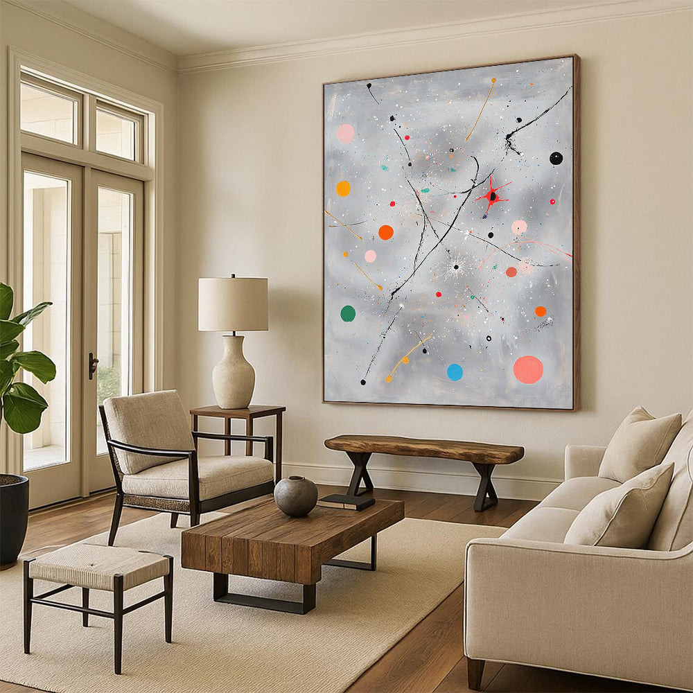 Gray, Colorful Dots, Lines "Playful Cosmos" Abstract Expressionist Painting On Canvas HB086