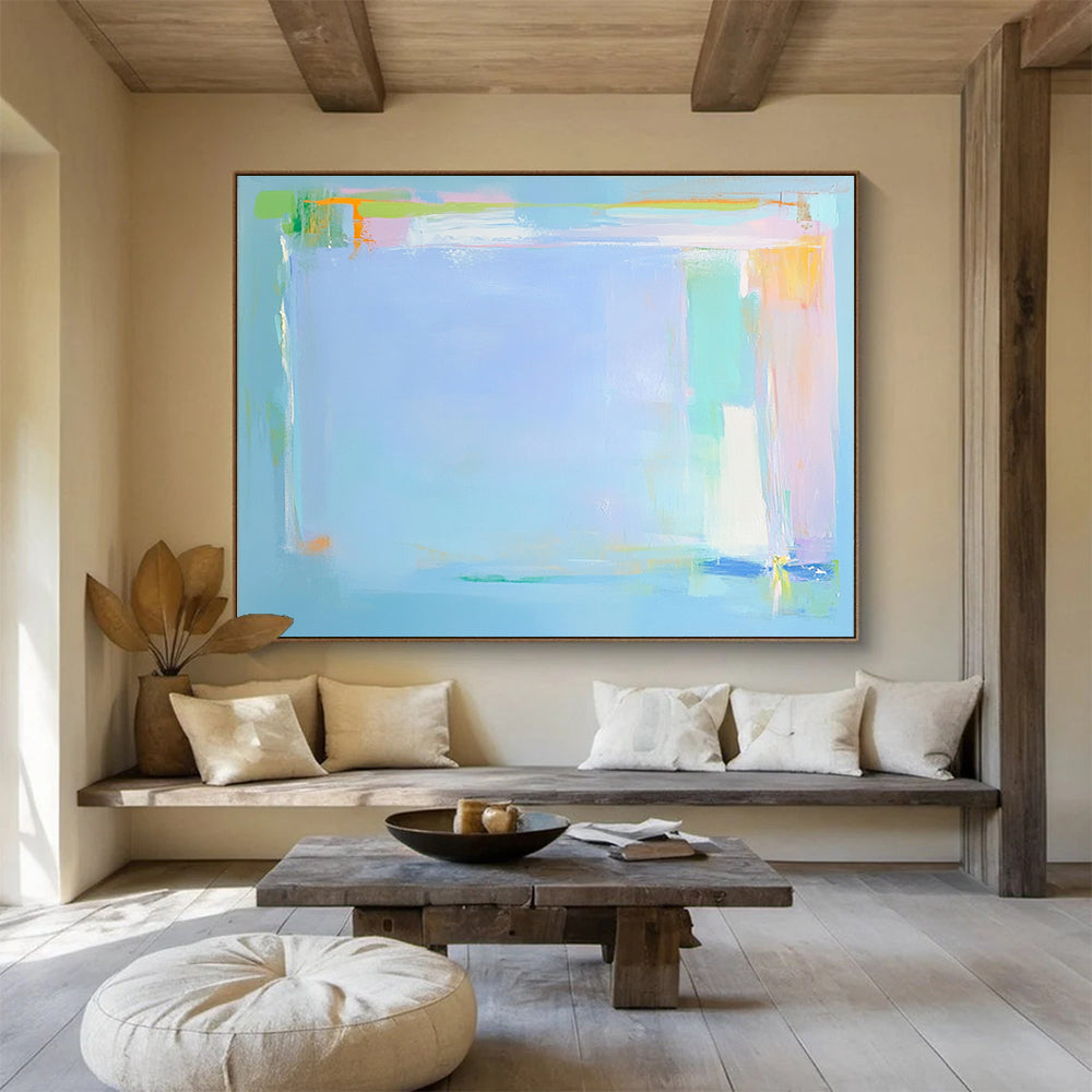 “Soft Color Block Abstraction” - Light blue, pastel green/orange, minimalist blocks, Abstract Painting On Canvas HB0587