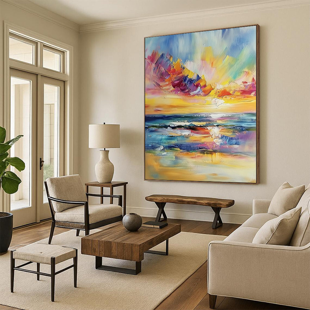 Stunning hand-painted abstract featuring vibrant clouds and a serene seascape with warm sunset reflections in a contemporary palette knife style. DLZ1119