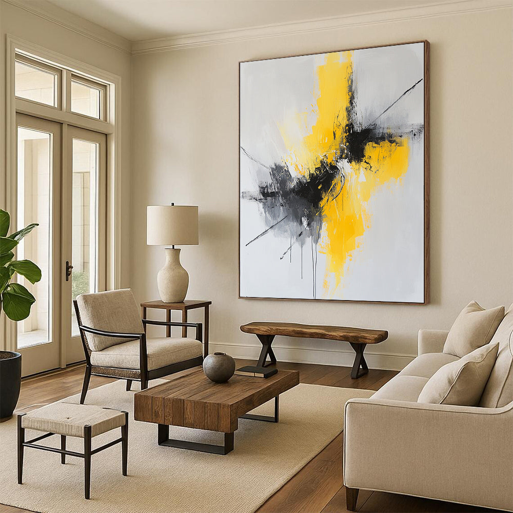 Gray, Yellow, Black, Dynamic Strokes "Vivid Surge" Abstract Expressionist Painting On Canvas HB051