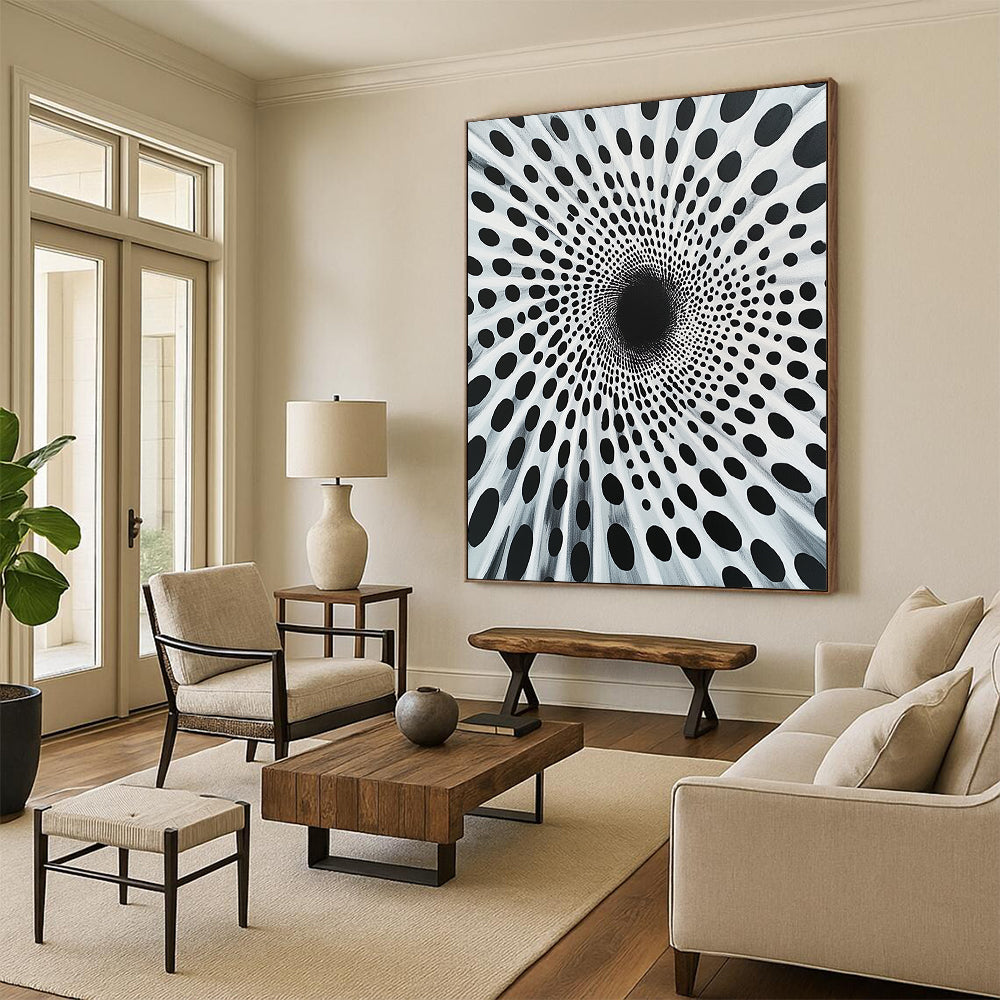 Black Dots on White Radial Pattern - “Spiral Particle Vortex” Painting On Canvas HB189