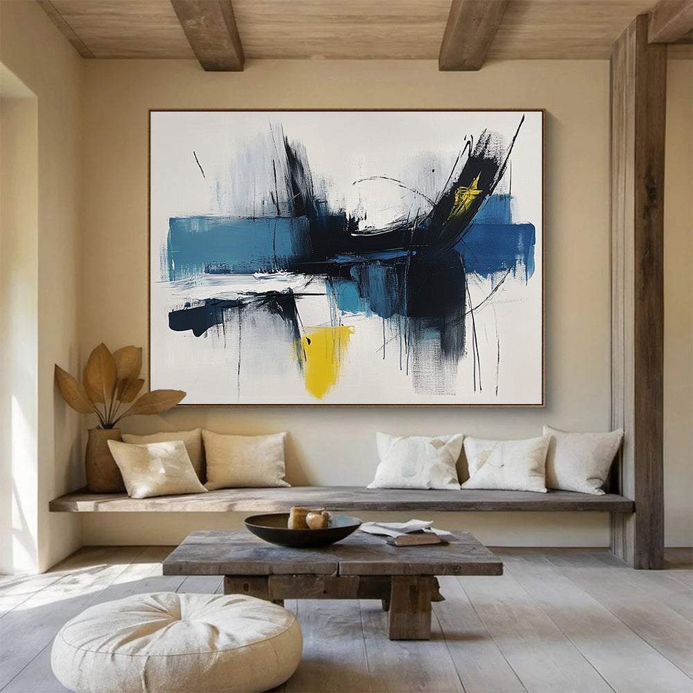 “Dynamic Blue - Black Strokes” - Blue, Black, Yellow, Expressive Brushstrokes - Abstract Expressionist Acrylic Painting HB1519