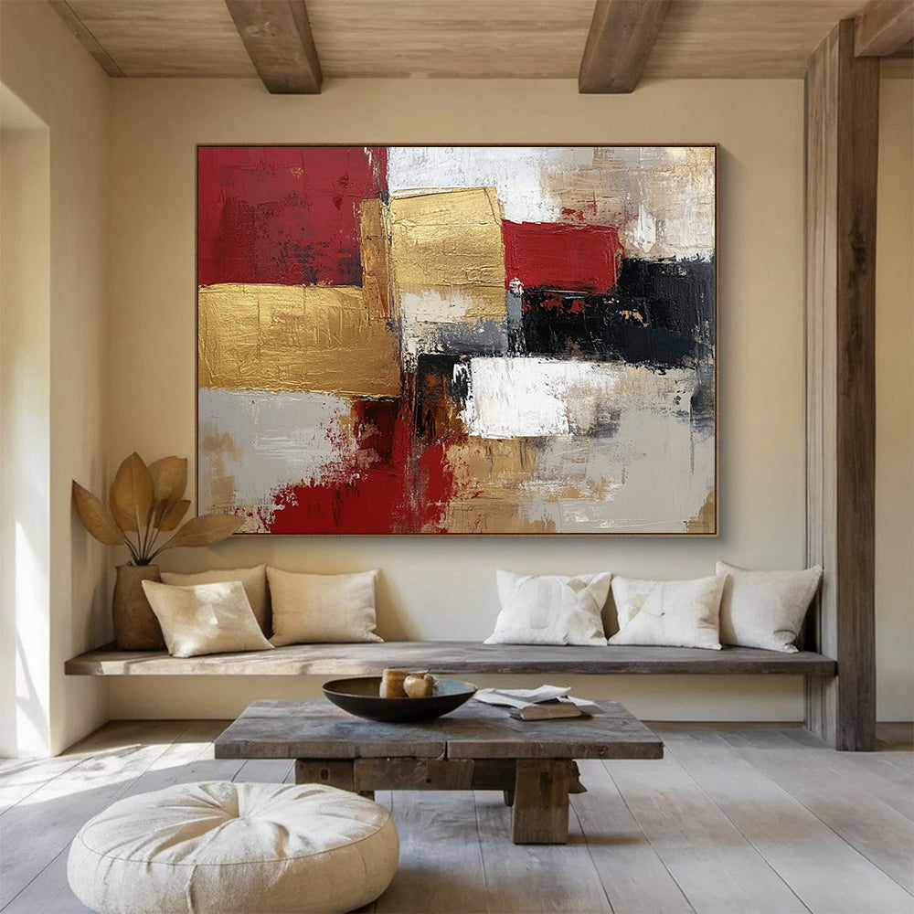 “Gilded Geometry” - Red, Gold, Gray, Textured Squares - Modernist Acrylic Painting with Gold Accents HB1541