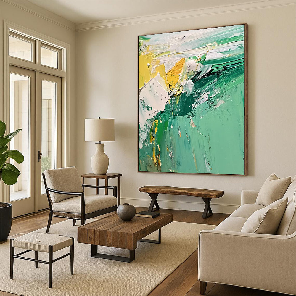 Contemporary abstract artwork featuring a vibrant green and white landscape with textured seafoam created using thick oil and acrylic paint techniques. DLZ0598