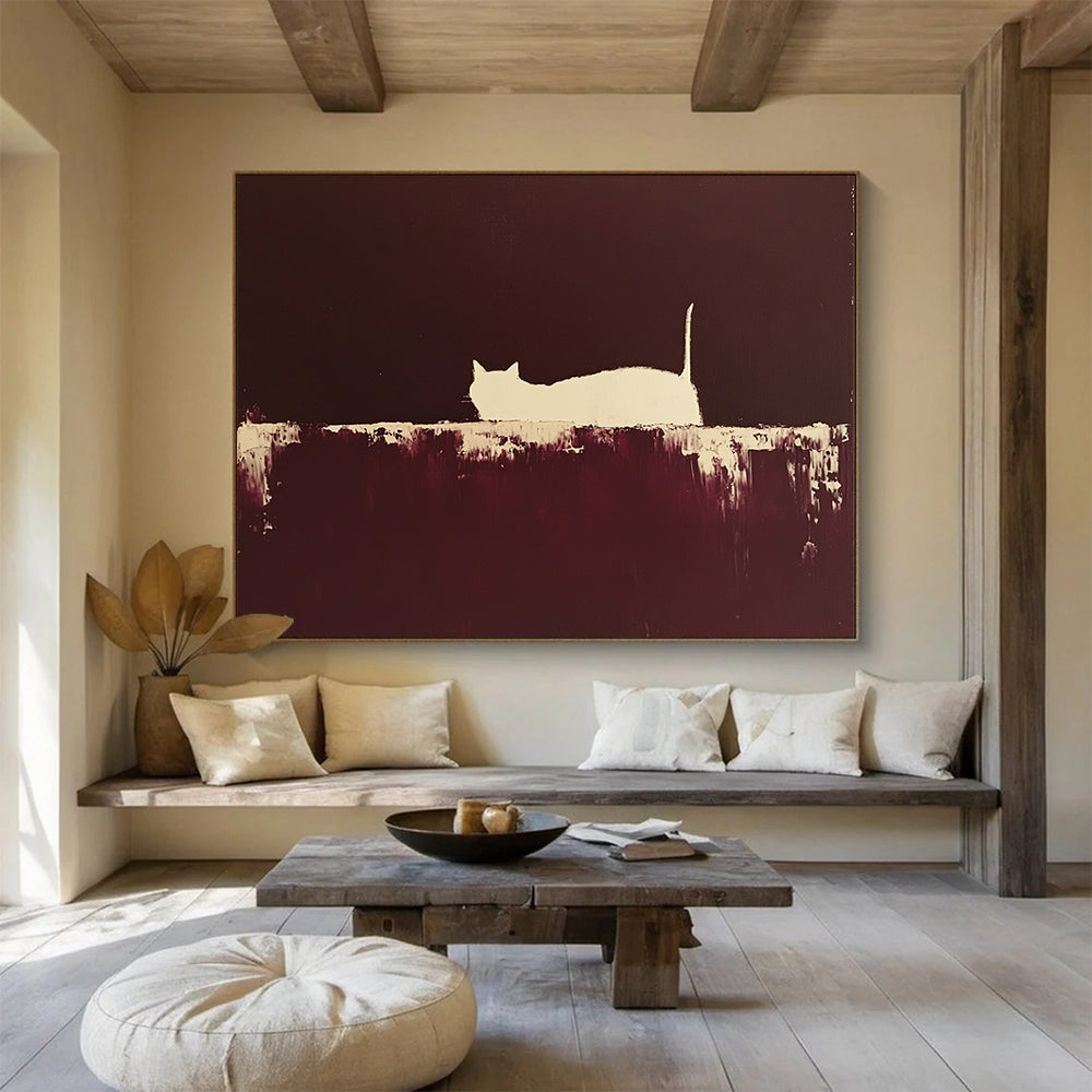 “Silhouette Cat in Brown” - Brown, White, Minimalist Cat Silhouette Painting On Canvas HB0956