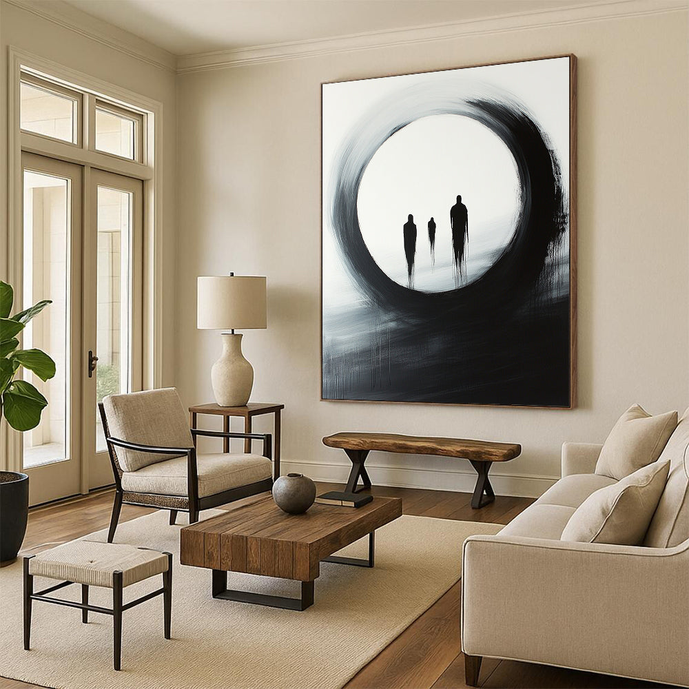Black, White, Gray, Silhouetted Figures "Gilded Void" Abstract Surrealist Painting On Canvas HB145