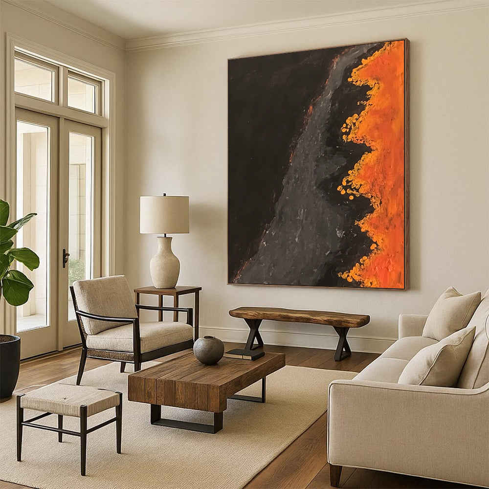Contemporary abstract artwork capturing an aerial scene of an orange and black river with dark brown water and yellow flowers lining the banks. DLZ0839