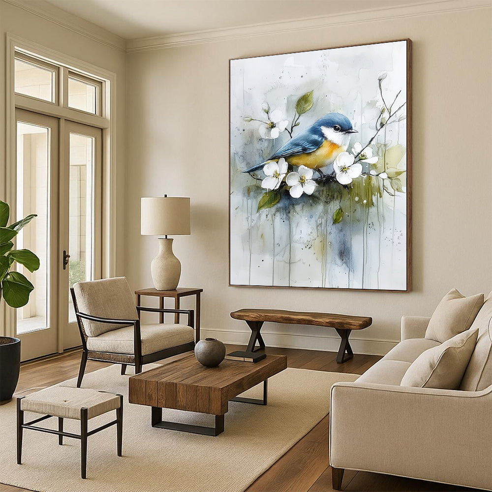 Contemporary abstract art featuring a blue and yellow bird on a branch among white flowers and green leaves with soft watercolor effects. DLZ1122