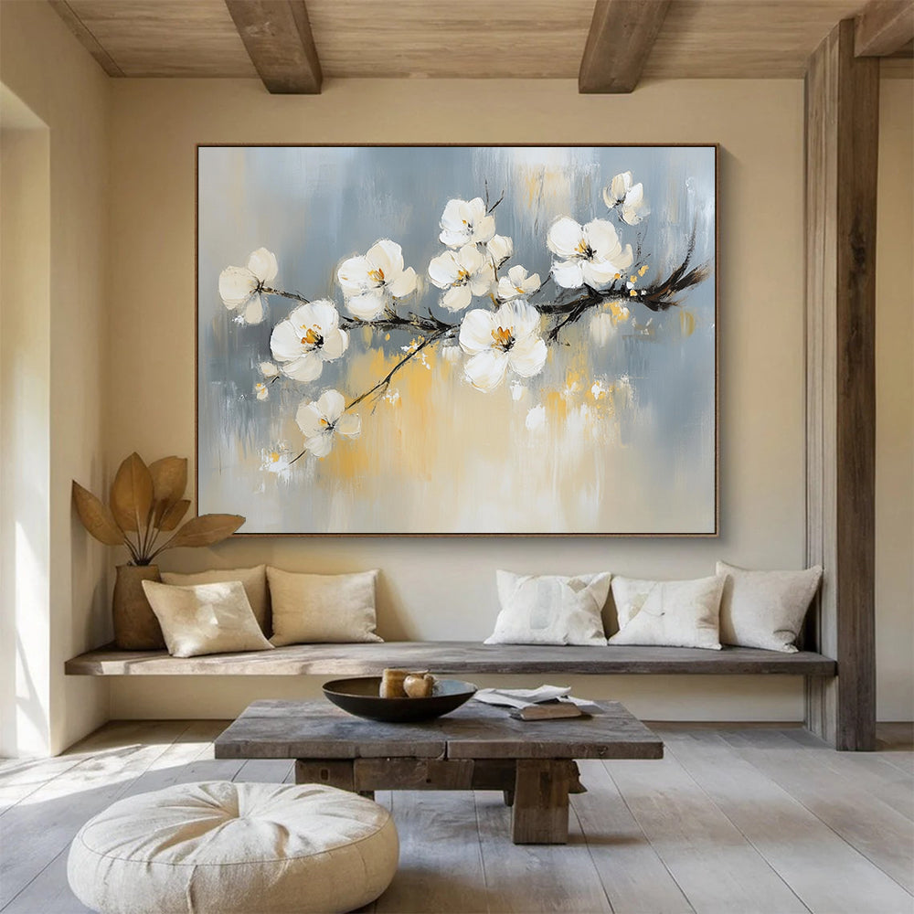 “White Blossoms On Branch” - Gray, White, Yellow, Impressionist Floral Painting On Canvas HB0682