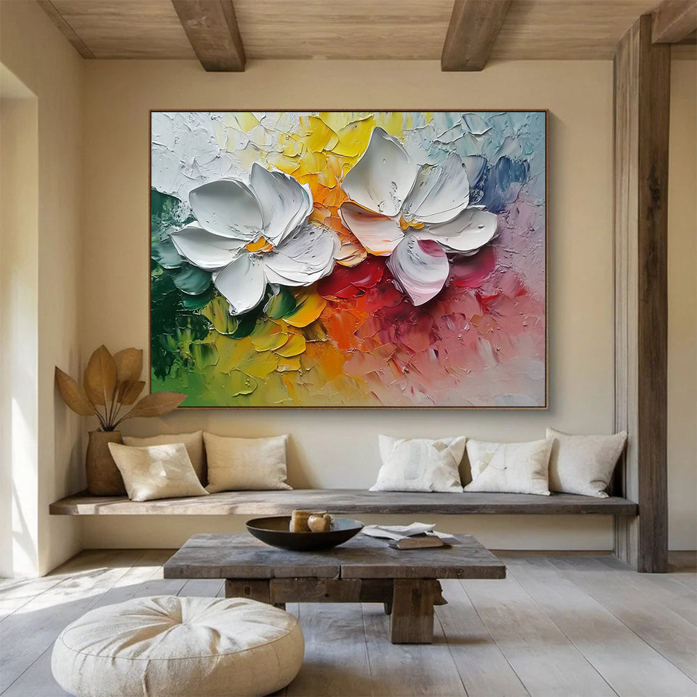 “3D White Flowers on Colorful Background” - White, Yellow, Red, Green, Impasto Floral Painting On Canvas HB1015