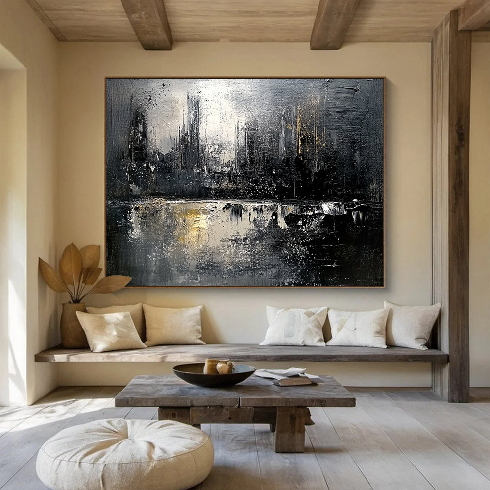 “Monochrome Cityscape Reflection” - Black, White, Gold, Abstract City Reflection HB1129