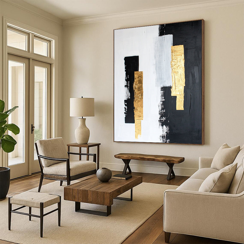 Black, White, Gray, Gold, Vertical Strokes "Gilded Simplicity" Abstract Minimalist Painting On Canvas HB148