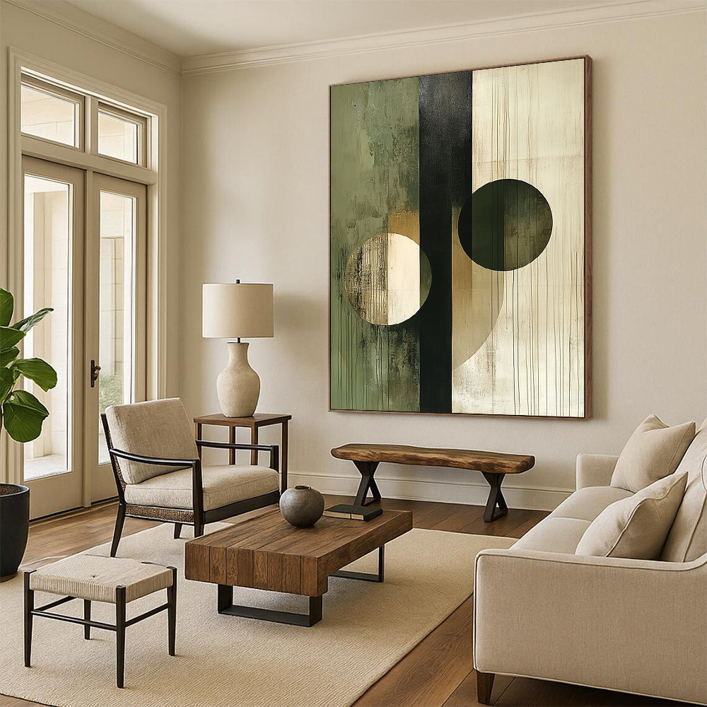 Contemporary abstract artwork featuring circles and lines in beige olive green white and black showcasing deconstructed geometric elements on canvas texture. DLZ0375