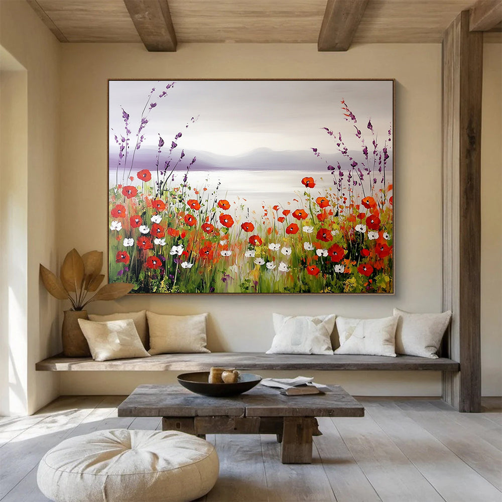 “Poppy Lake Serenity” - Red poppies, purple hills, blue lake, Idyllic Landscape Painting On Canvas HB0582