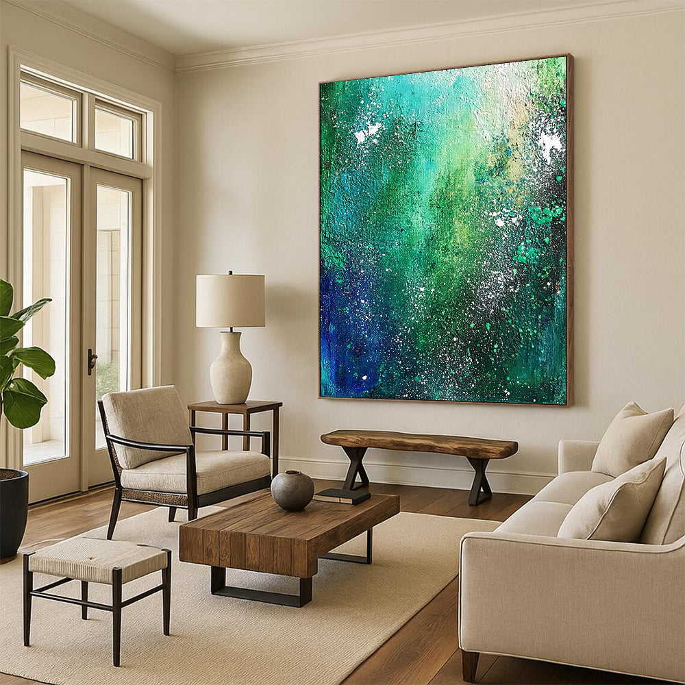 Contemporary hand-painted abstract artwork featuring emerald green and blue, depicting the Milky Way with textured white star speckles and dark teal foliage. DLZ0347