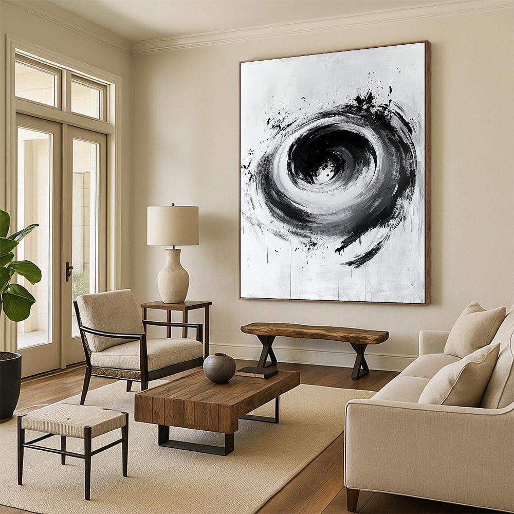 Black and White Swirling Vortex "Cosmic Pull" Painting On Canvas HB261
