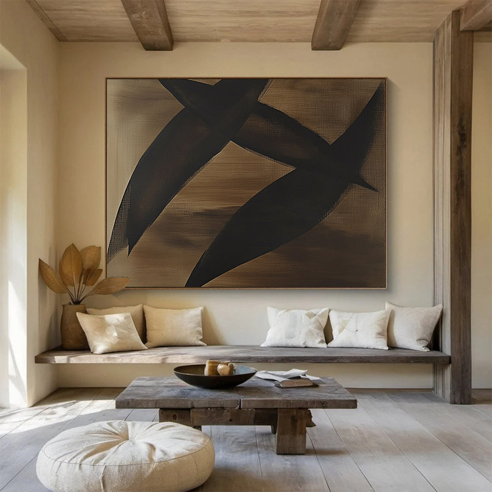 “Black Shapes on Brown” - Black, brown, Minimalist Abstract Painting HB0639