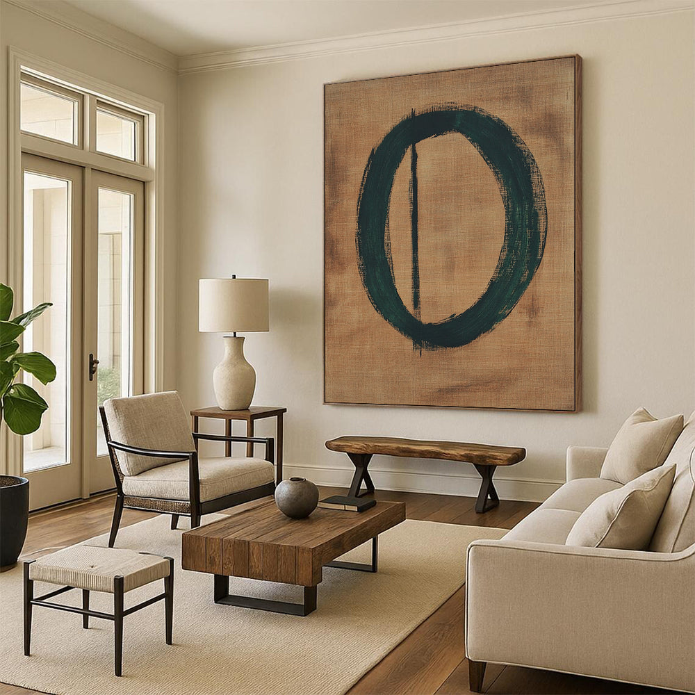 Contemporary abstract art features a green circular number zero on brown paper accented by thin black lines, crafted in an oil painting style. DLZ1466