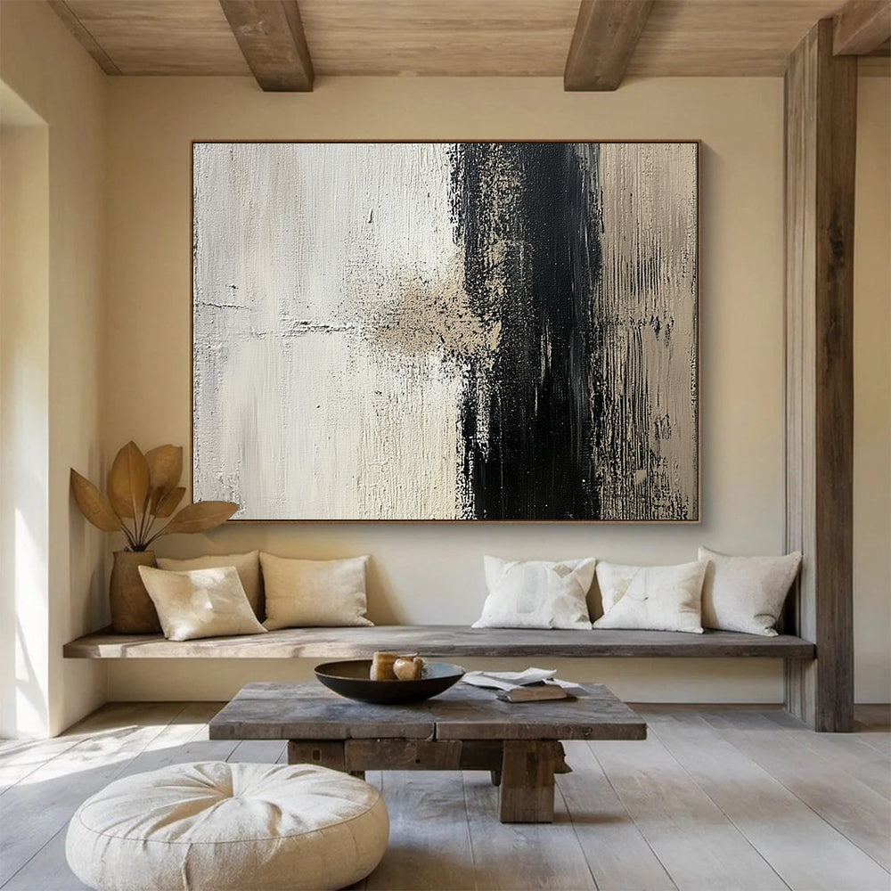 “Textured Black and White Abstract” - Black, white, beige; Textured abstract with bold brushstrokes; Acrylic Painting On Canvas HB1269