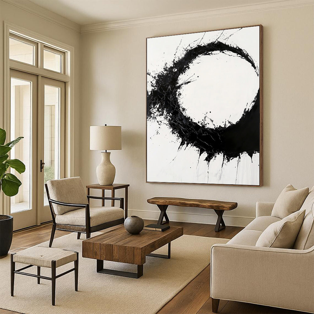 Black Splattered Circular Ink - “Dynamic Enso Energy” Painting On Canvas HB231