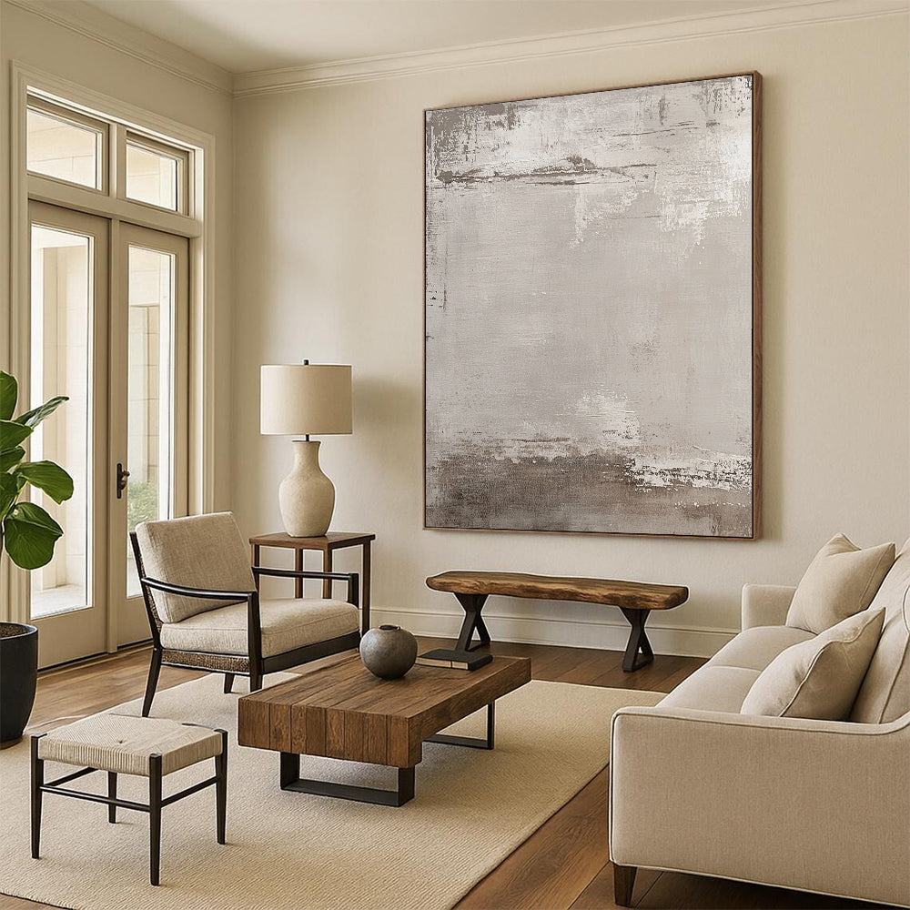 Large contemporary hand-painted abstract artwork featuring muted beige and gray tones with an industrial urban feel and textured brushstroke background. DLZ1173