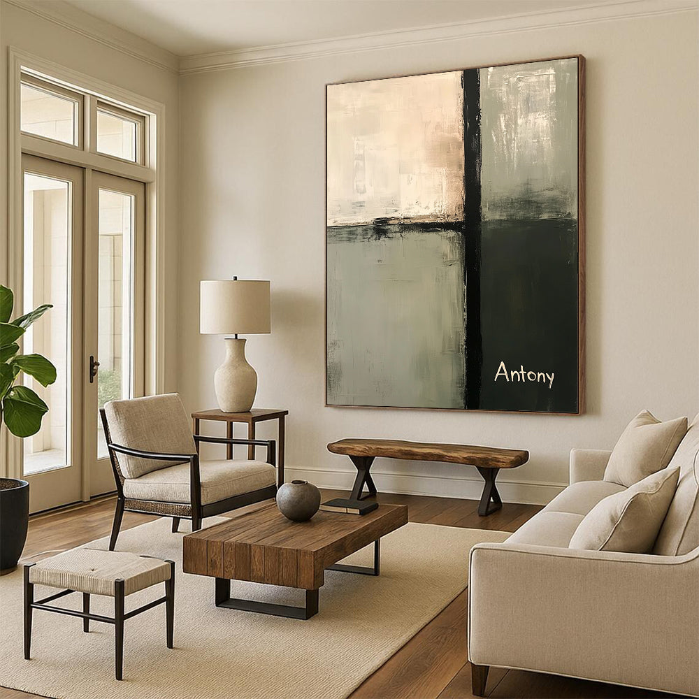 Contemporary abstract painting in neutral sage green and gray tones featuring a central tall vertical bar and the name Antony in the bottom corner. DLZ0434