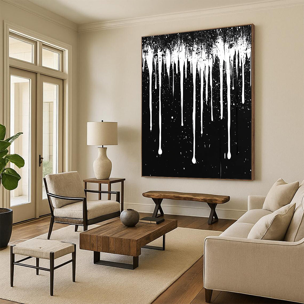 White Dripping Paint on Black "Celestial Drip" Painting On Canvas HB306