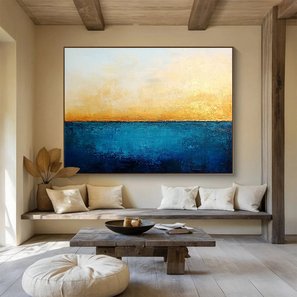 “Golden Horizon” - Blue, Gold, White, Minimalist Abstract Seascape Painting On Canvas HB1067