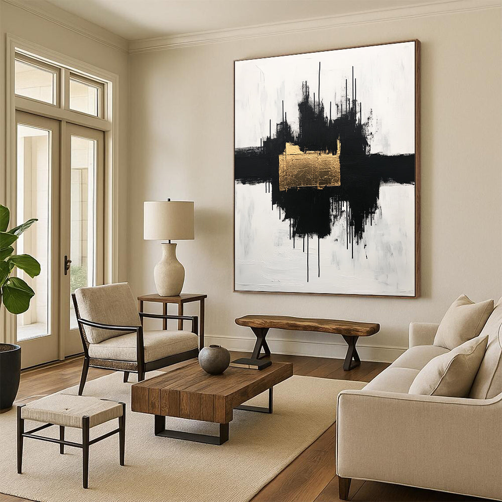 Black, White and Gold Abstract "Gilded Center" Painting On Canvas HB404