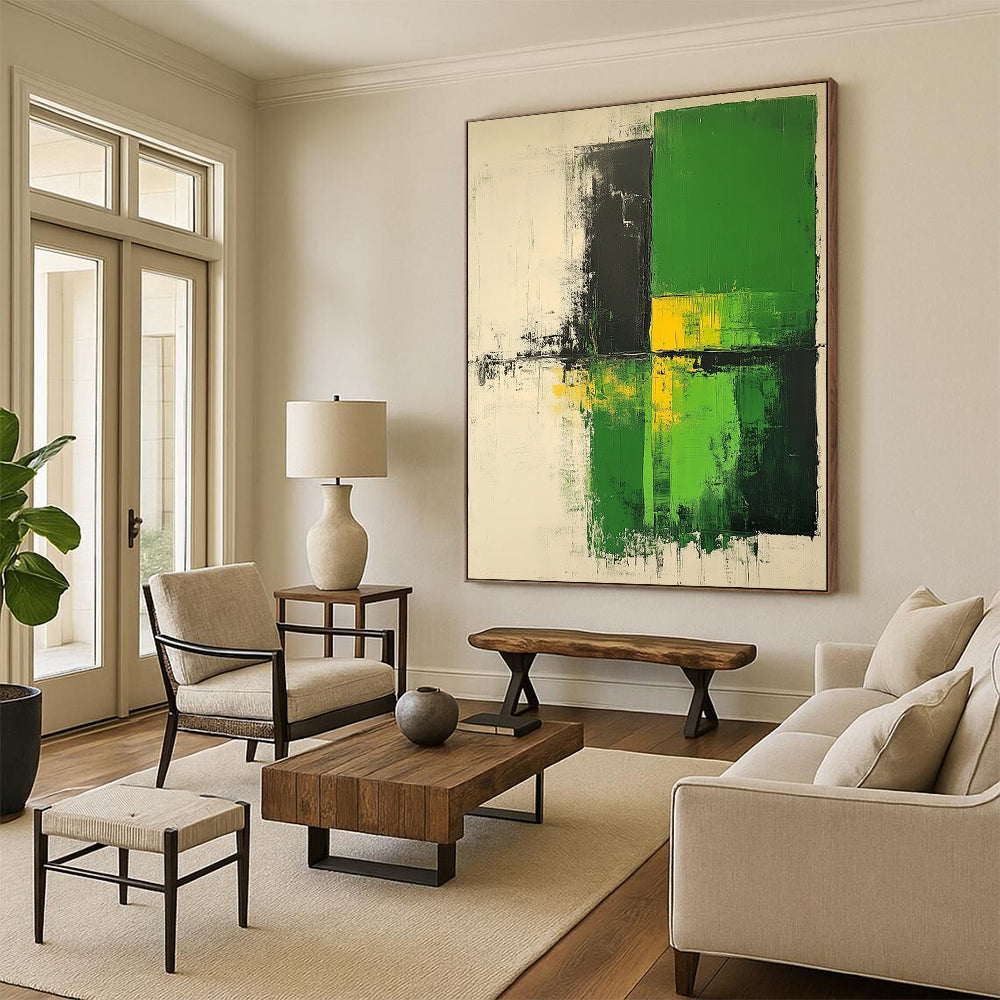 Contemporary large hand-painted abstract artwork in shades of green and white with neutral tones on textured canvas. DLZ0553