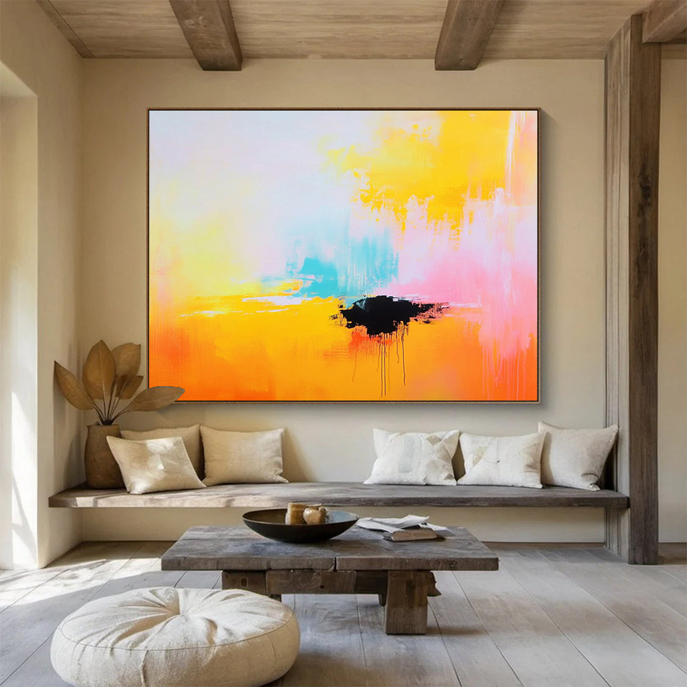 “Bright Abstract with Black Accent” - Yellow, pink, blue, black; Bright abstract with a bold black shape; Acrylic Painting On Canvas HB1277