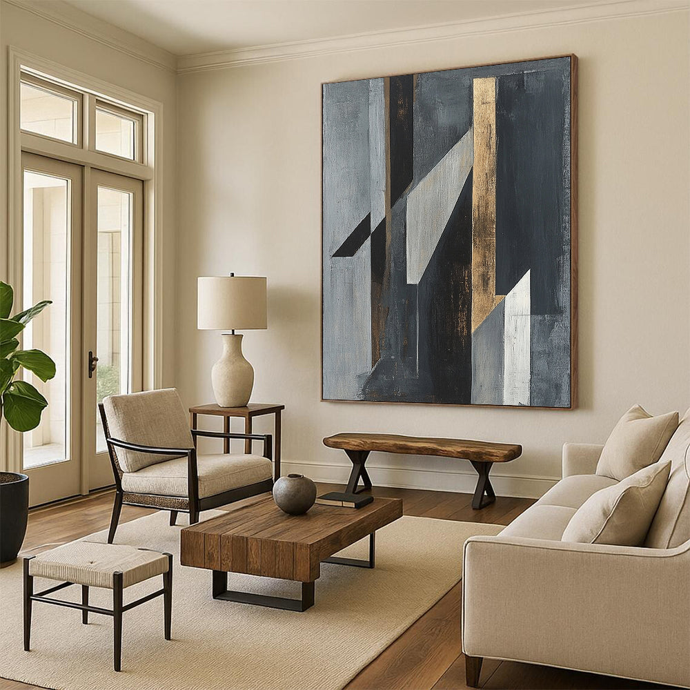 Gray, Black, White and Gold Geometric Abstraction "Dynamic Geometry" Painting On Canvas HB389
