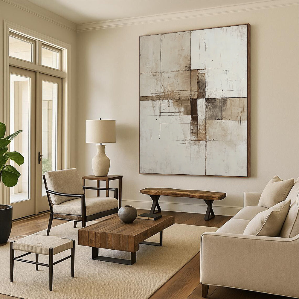 Contemporary hand-painted abstract artwork featuring minimalist deconstructed forms in beige white and brown inspired by architectural structures. DLZ0540