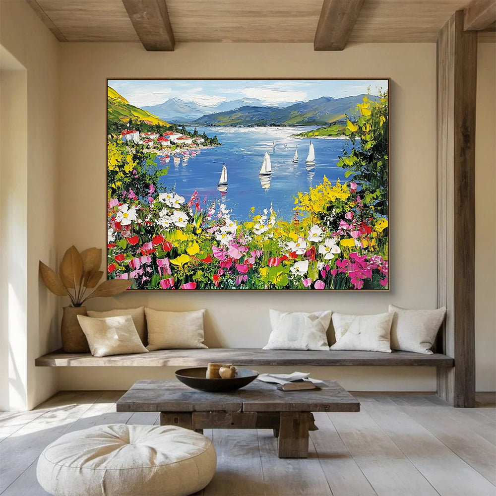 “Vibrant Lakeside Village” - Blue, Green, Yellow, Floral Landscape Painting On Canvas HB0686